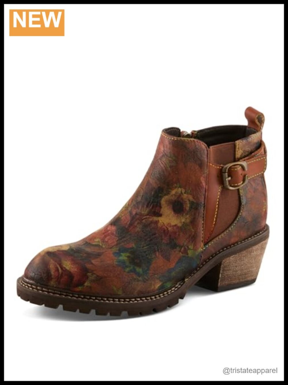 Hand-Painted Leather Women's Ankle Boots with Elastic Goring, Low Stacked Heel